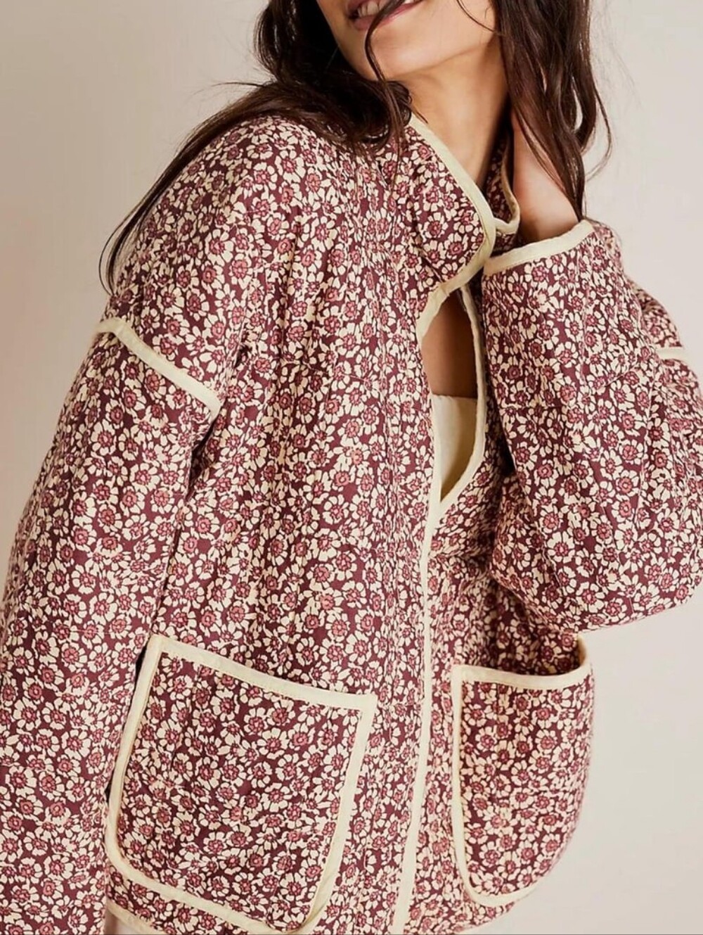 Quilted Floral Bomber Jacket in Mauve with Cream Trim (size M)